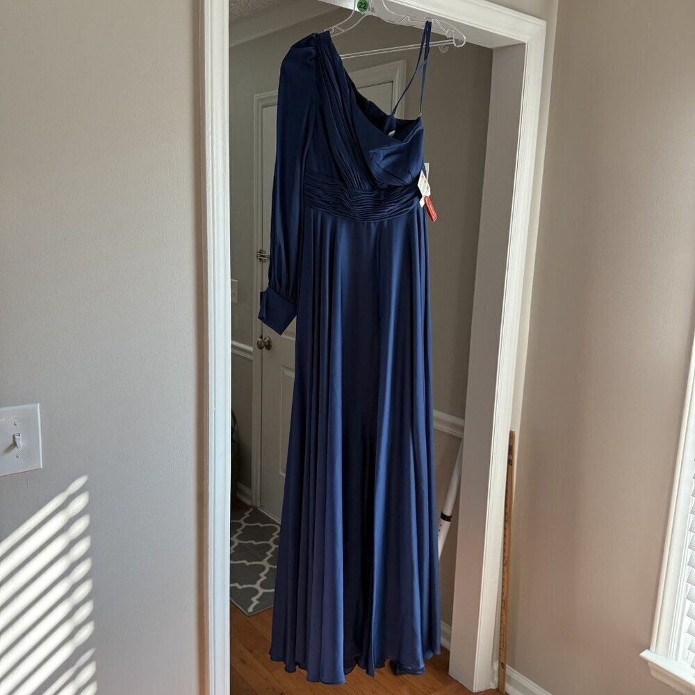 Mac Duggal Dress Womens 2 Blue One Shoulder Long Sleeve Gown Formal Evening New - Picture 10 of 12